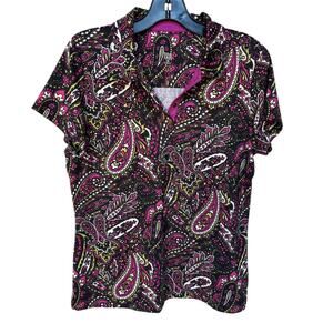 Tail Paisley Golf - Athletic Polo Shirt with Brass Snaps and Purple Trim size M